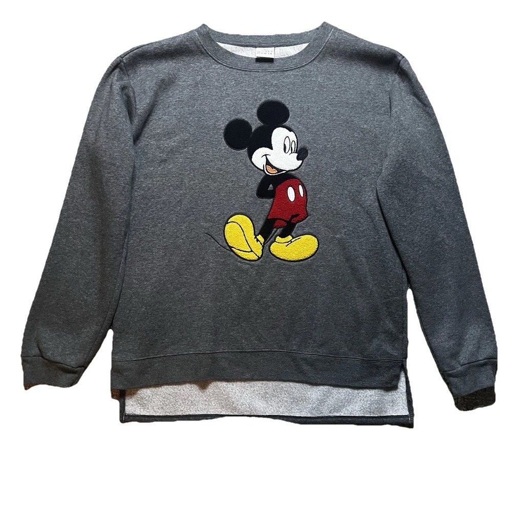 Disney Mickey Mouse Charcoal Gray Crewneck Sweatshirt‎ Women's Size L Chenille